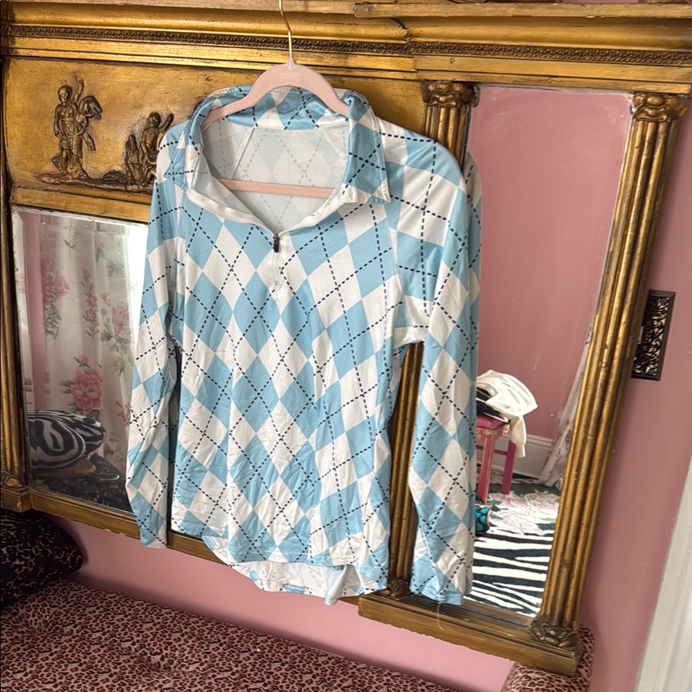 Golf Medium Blue and White Argyle Long Sleeve Shirt Polo